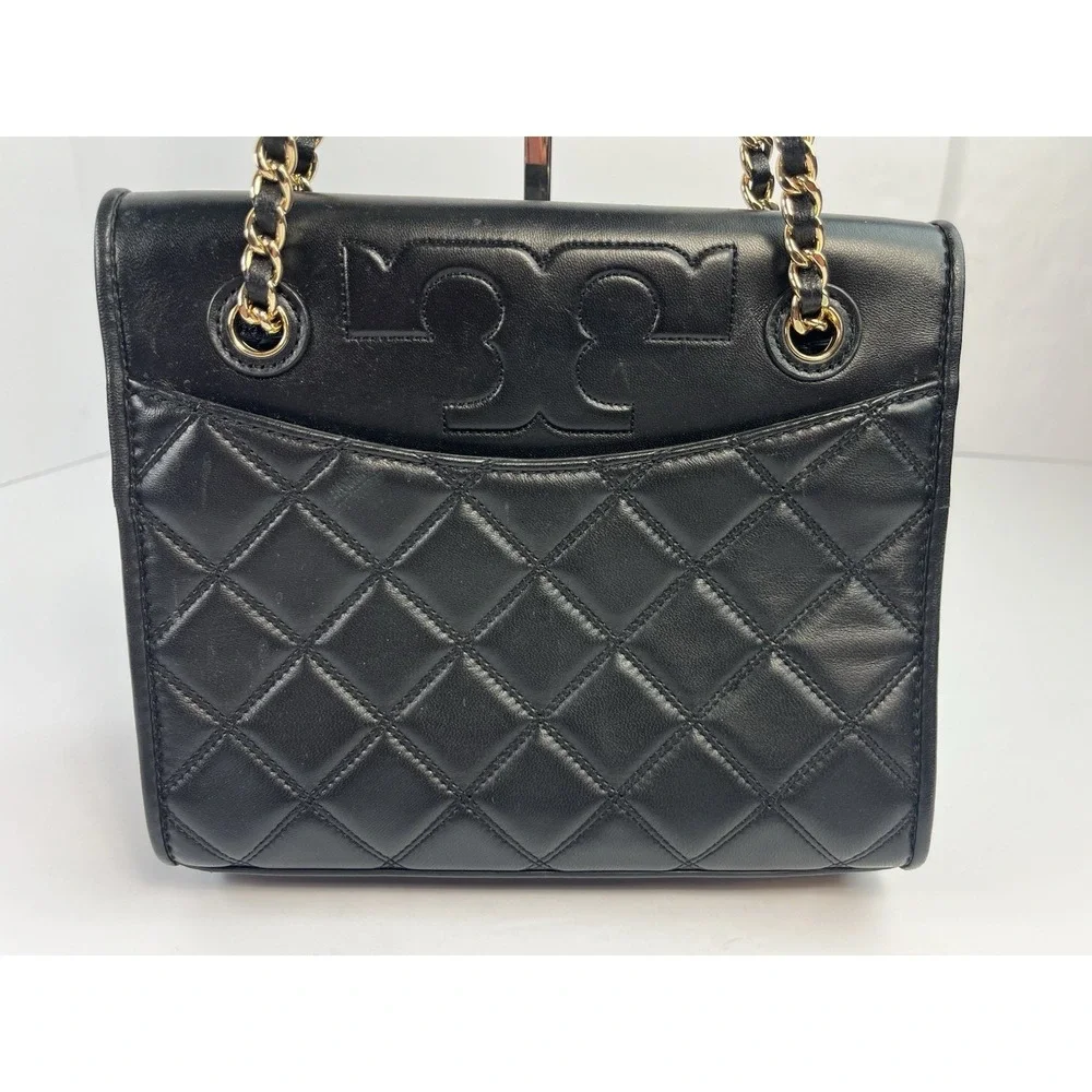TORY BURCH Black Quilted Leather SAVANNAH Small Flat Chain Strap Tote Bag